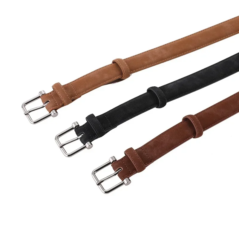 เข็มขัดหนังวัวแท้คุณภาพสูงสำหรับผู้หญิง สไตล์เรียบง่าย แฟชั่นอเนกประสงค์ เหมาะกับกางเกงยีนส์ เครื่องประดับสไตล์โกธิคย้อนยุค หัวเข็มขัดแบบหมุด สายคาดเอวหนังกลับ