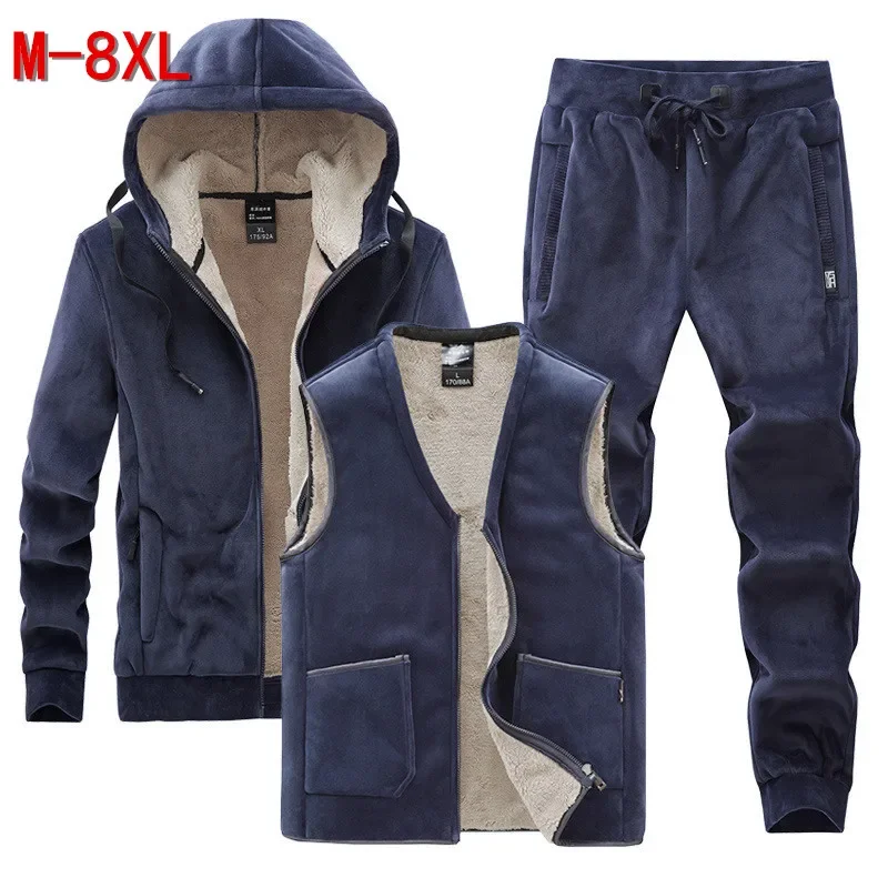 

Men Winter Plus Velvet Thick Tracksuit Casual Lamb Wool Set Men Warm Cashmere Men's Hoodies + vests + pants Three-pieces Sets