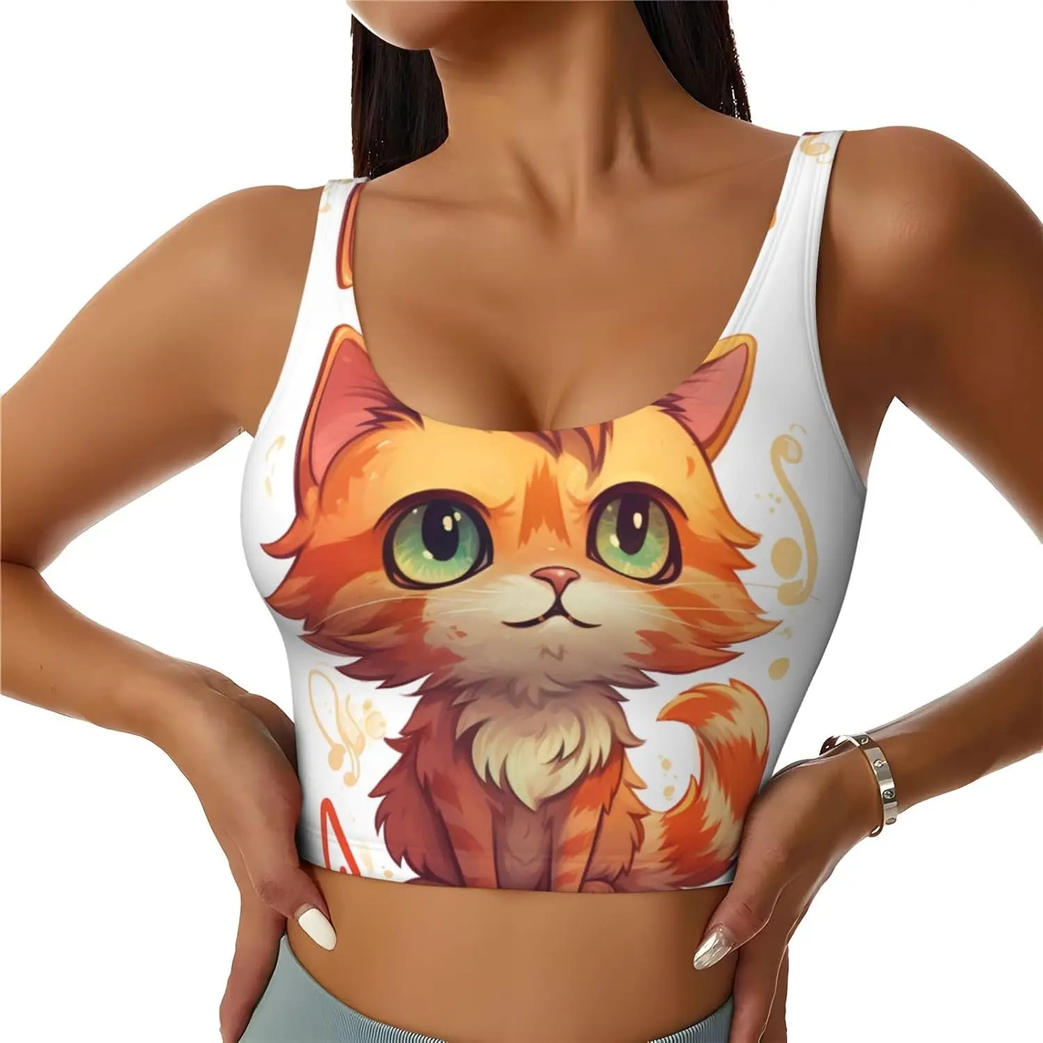 

Sports Bras for Women, U Back Removable Womens Tank Tops Orange Cat Funny Yoga Print Workout Bras