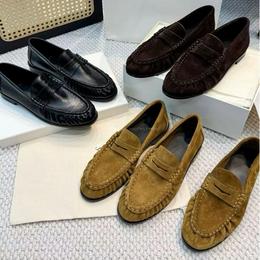Unisex Vintage Suede Leather Loafers Slip On Wrinkled Pointed Toe Flat Casual Single Shoes Plus Size 36-45 Lazy Old Money Style