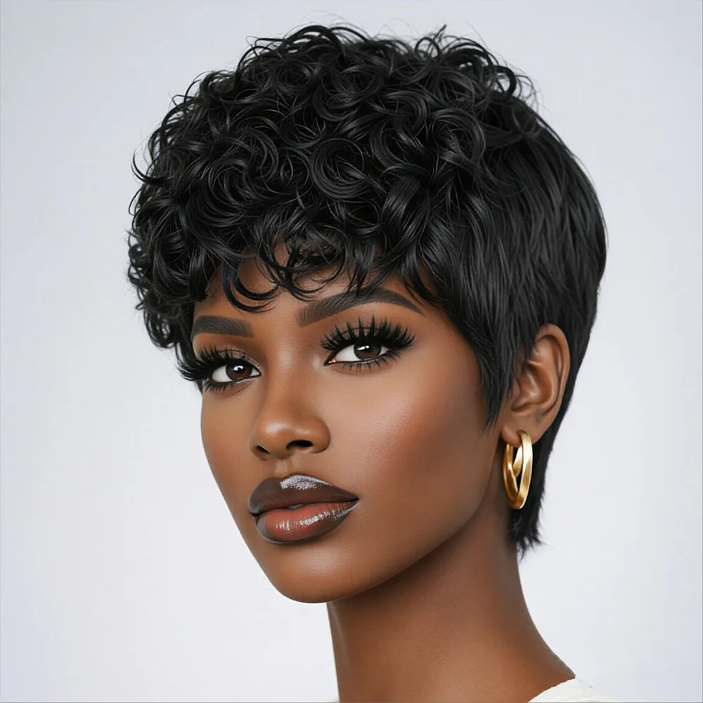 

Парик из натуральных волос с кудрявыми прядями в стиле пикси, машинной работы, короткий, 6 дюймов, черный цвет.