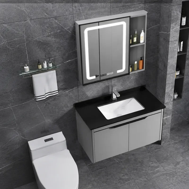 Modern Simple Space Aluminum Bathroom Cabinet Set with Alloy Wash Basin Side Storage Smart Vanity Unit for Contemporary Home