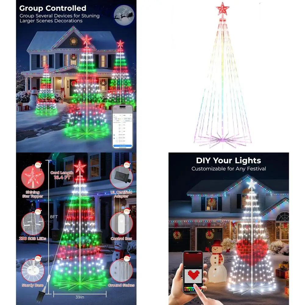 

Уличная рождественская елка высотой 8 футов с интеллектуальным управлением и многоцветной подсветкой, узорами «сделай сам», водонепроницаемым и удаленным музыкальным таймером