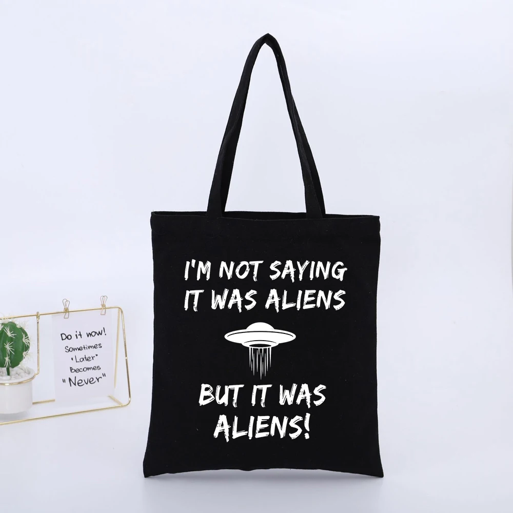 UFO Graphic Canvas Tote Bag with Typography Print, Casual Style for Daily Shopping