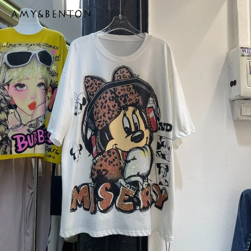 

Spring Summer New Arrival Top Heavy Industry Full Diamonds Leopard Print Cartoon Fashion Loose Medium Long Short-sleeved T-shirt