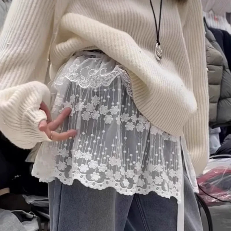INS Hot Sale Floral Mesh Lace Skirt Women Y2k Korean Girl Stacked Skirt Chic Apron Wrap Skirt Lace Up Matching Pants Streetwear