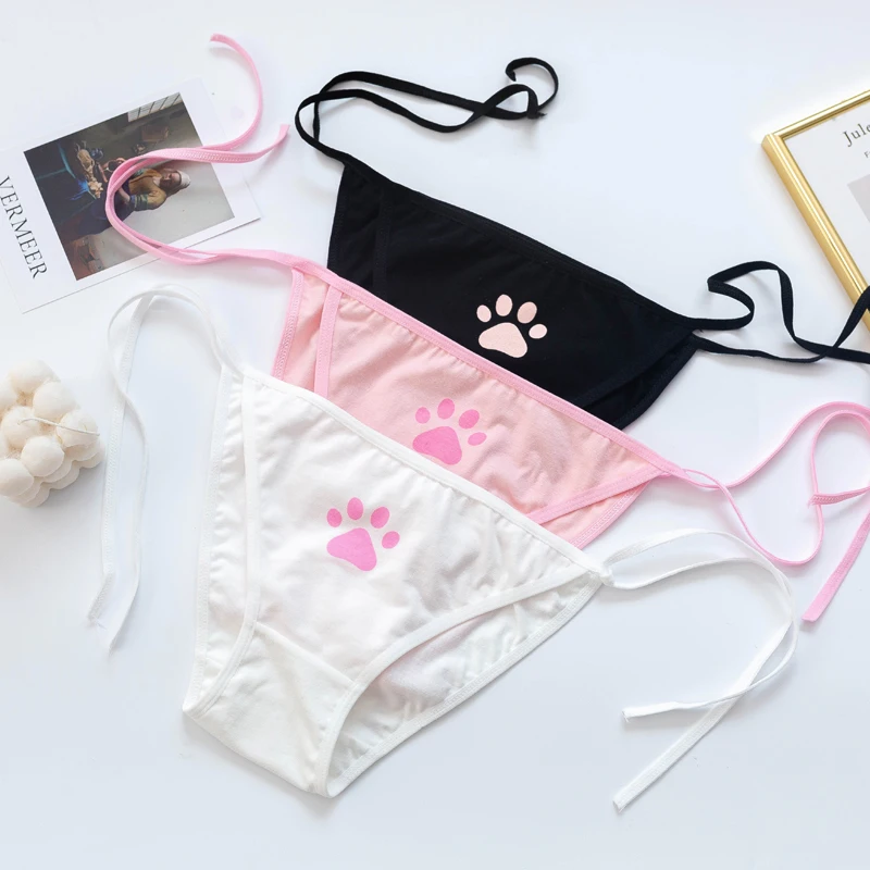 Lace Girls Cute Cat Paw Briefs Panties for Women Bandage Kawaii Lingerie Femme Low Waist Mini Sexy Underwear Cotton Pink Panties