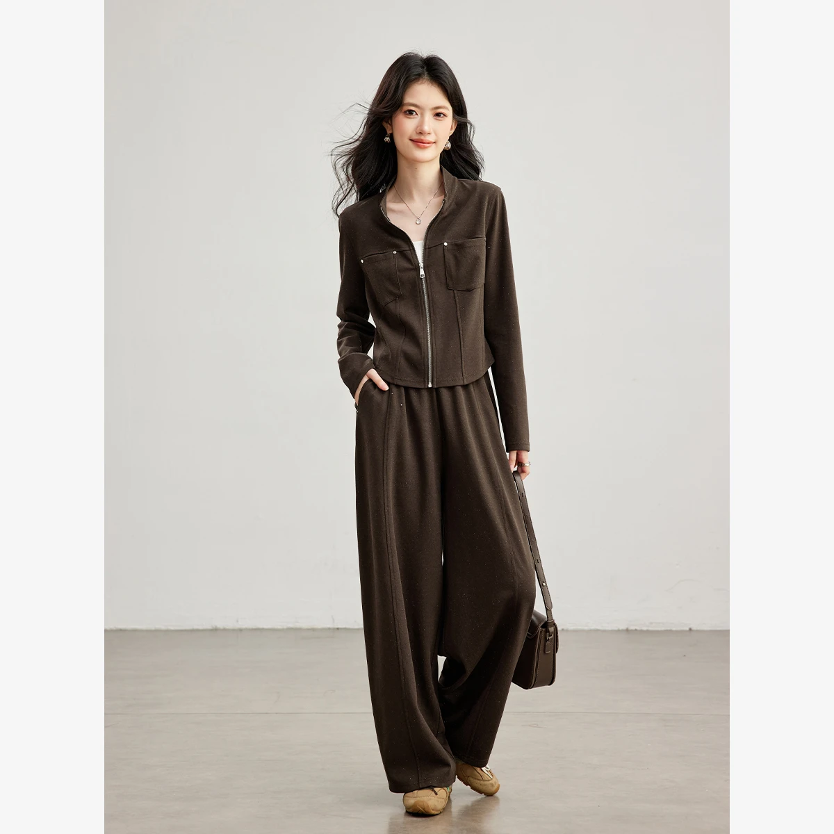 VIMLY Women's Brown Cargo Casual Two‑piece Pants Set 2026 Autumn Glitter Stand Collar Outerwear Baggy Long Pants Outfit 31870