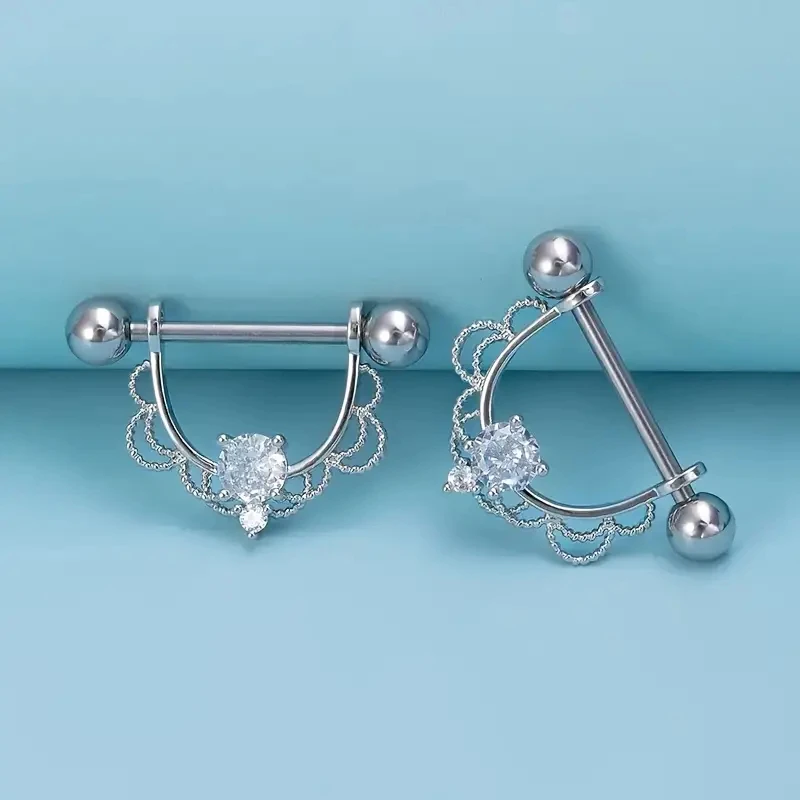 2pcs U-shaped Cubic Zirconia Nipple Rings 14G Stainless Steel Straight Barbell Heart Nipple Piercings Women Sexy Body Jewelry
