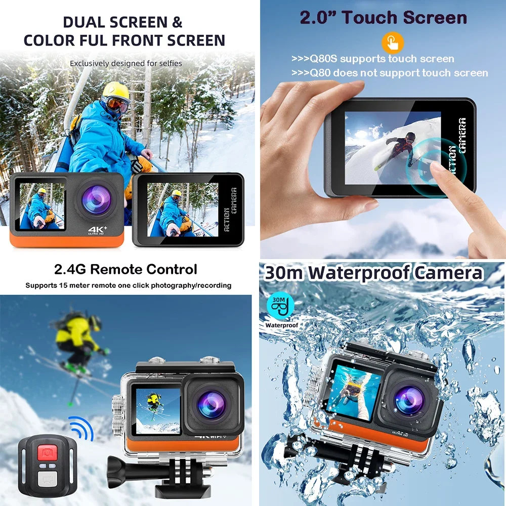 2" Touch IPS Dual Screen Action Camera 4K60FPS 24MP DVR Wi-Fi 170D EIS Optional Filter 1080P Webcam Sport Underwater 30M Camera
