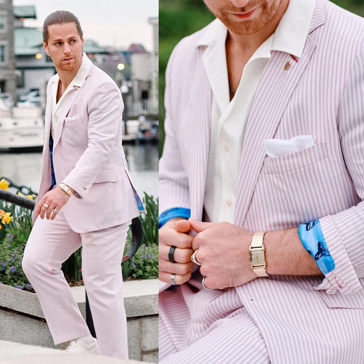

Seersucker Pinstripe Men Suits 2-Piece Coat Slim Fit Tuxedo Jacket Coat Groom Wedding Groom Business Prom Formal Customized