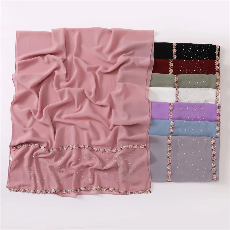 Hidżab z szyfonu z dżetami, w kropki, z motywem kwiatowym, z koralikami, szale, chusty, damska osłona przeciwsłoneczna, wiatroodporny chusta na głowę na zewnątrz.