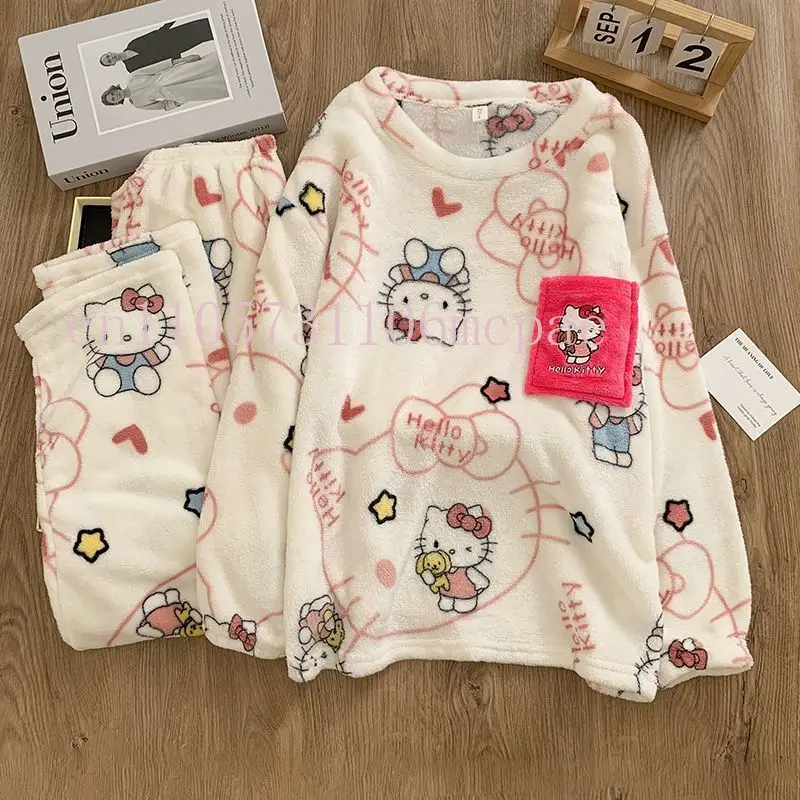 

MINISO Hello Kitty Women's Plush Flannel Pullover Pajama Set Winter Cozy Long Sleeve Pants Embroidered Casual Home Loungewear