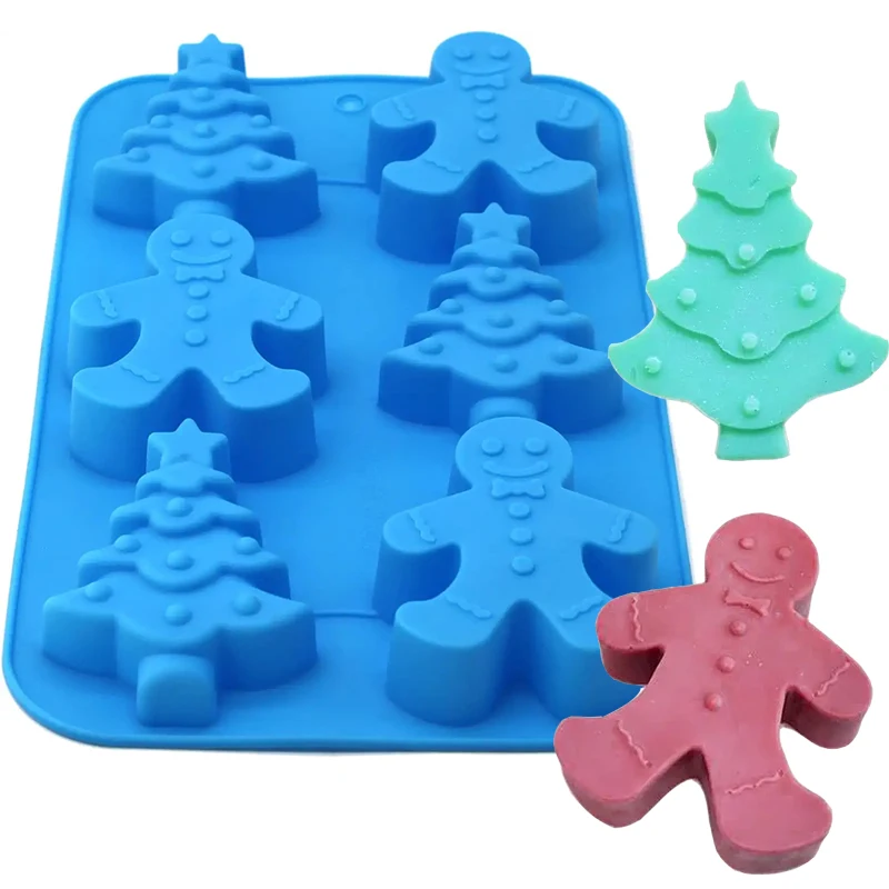 6Cavity Gingerbread Man Christmas Tree Soap Mold Cookies Gelatin Crayon Cookie Baking Mold Siliocne Molds for Soap Making