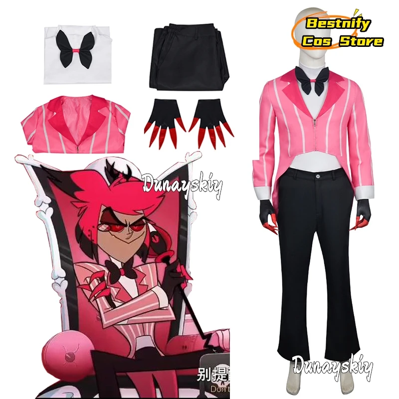 Bestnify aBc @ Kazzbin2 Alastor Cosplay Rosa Traje Hotel Rádio Demônio Cosplay Jaqueta Camisa Calças Alastor Peruca Prop Homens Halloween