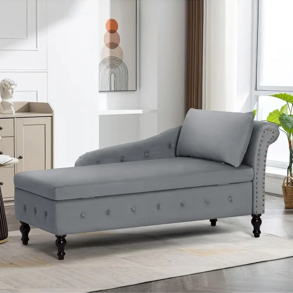 Right Armrest Upholstered Chaise Lounge with Lumbar Pillow, Grey Velvet Chair for Living Room, Bedroom, or Office