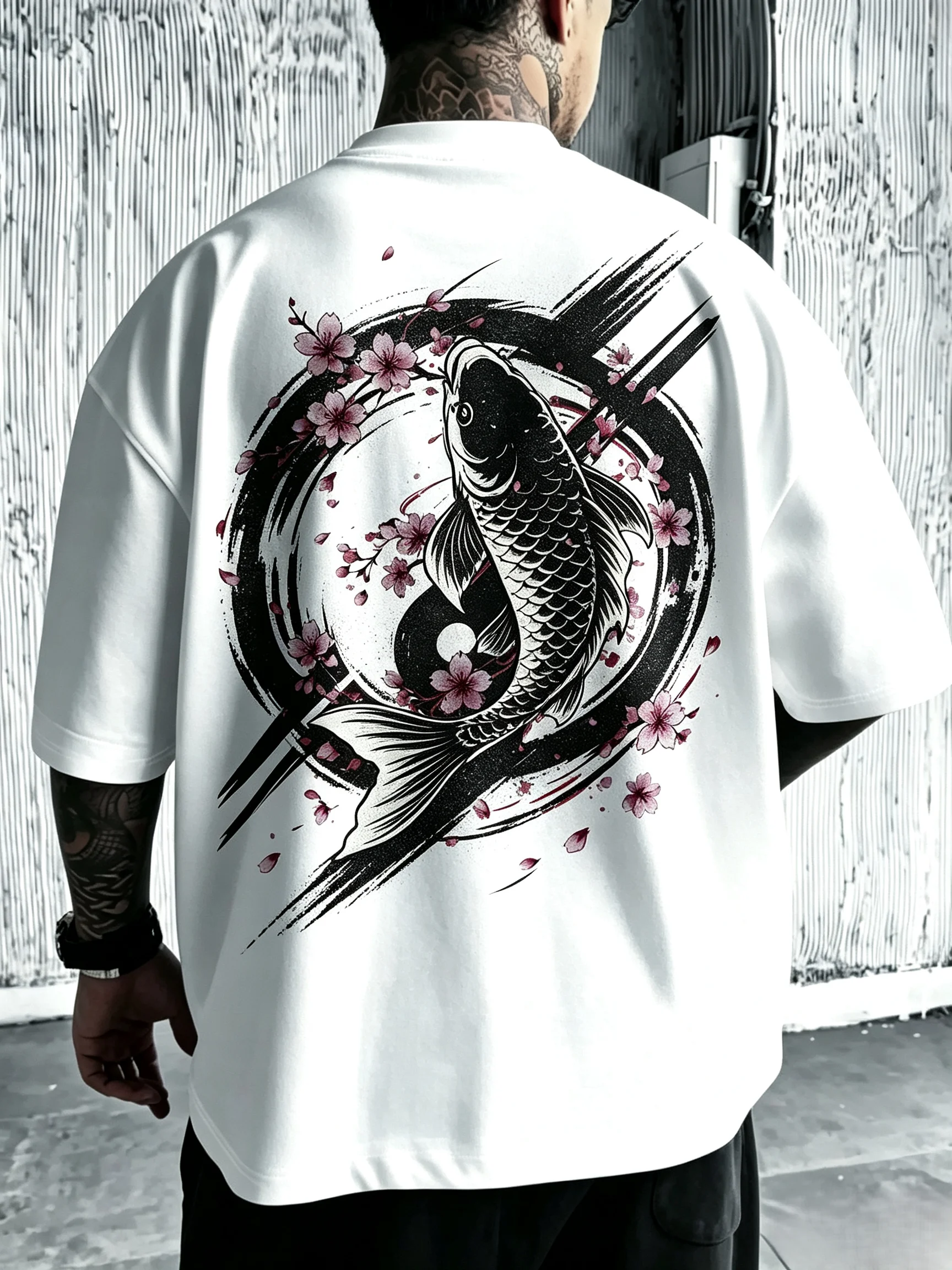 Unisex Men Women Oversized T‑Shirt Single Koi Fish Yin‑Yang Symbol Splash Ink Circle Sakura Back Print Hip Hop Streetwear Short Sleeve Casual Tee