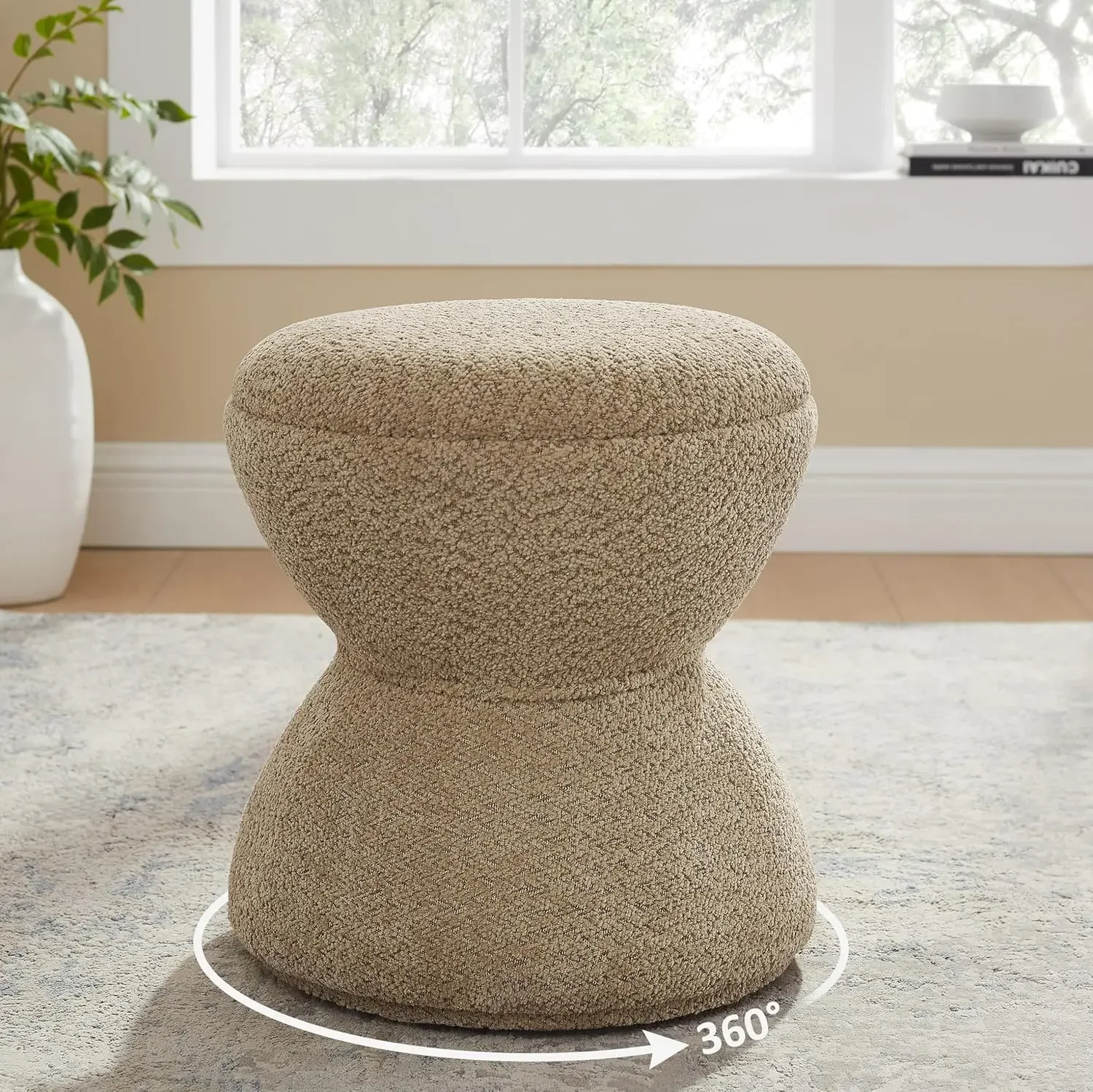 

Camel Swivel Boucle Ottoman Sturdy Rotating Wooden Footstool Vanity Stool Chair For Living Room Bedroom Entryway No Setup