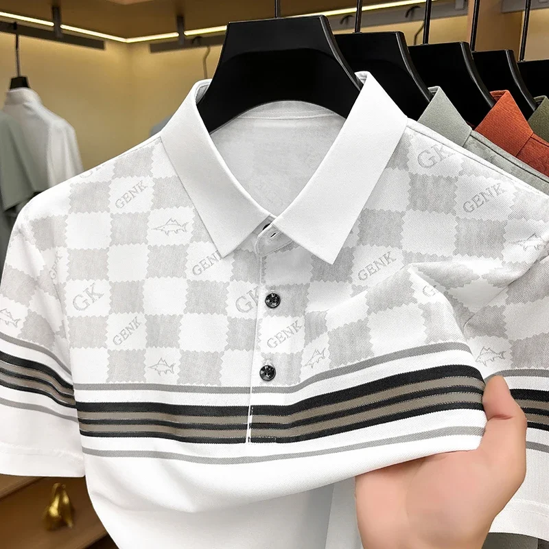 Slim fit male check print polo short sleeve top lapel arm stripe breathable thin fabric family party training leisure outfit