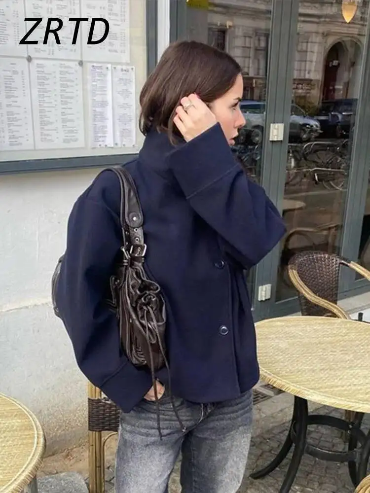 Straße frauen Kurze Woll Mantel Stehkragen Einreiher Langarm Taschen Jacke 2026 Herbst Dame Casual Pendeln Outwear