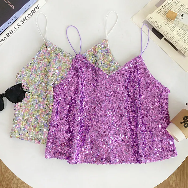 V-neck Squined Vests 2026 Summer New Spicy Girls Color Beautiful Tank Top Personalized Casual Slim Fashion Pullover Tops