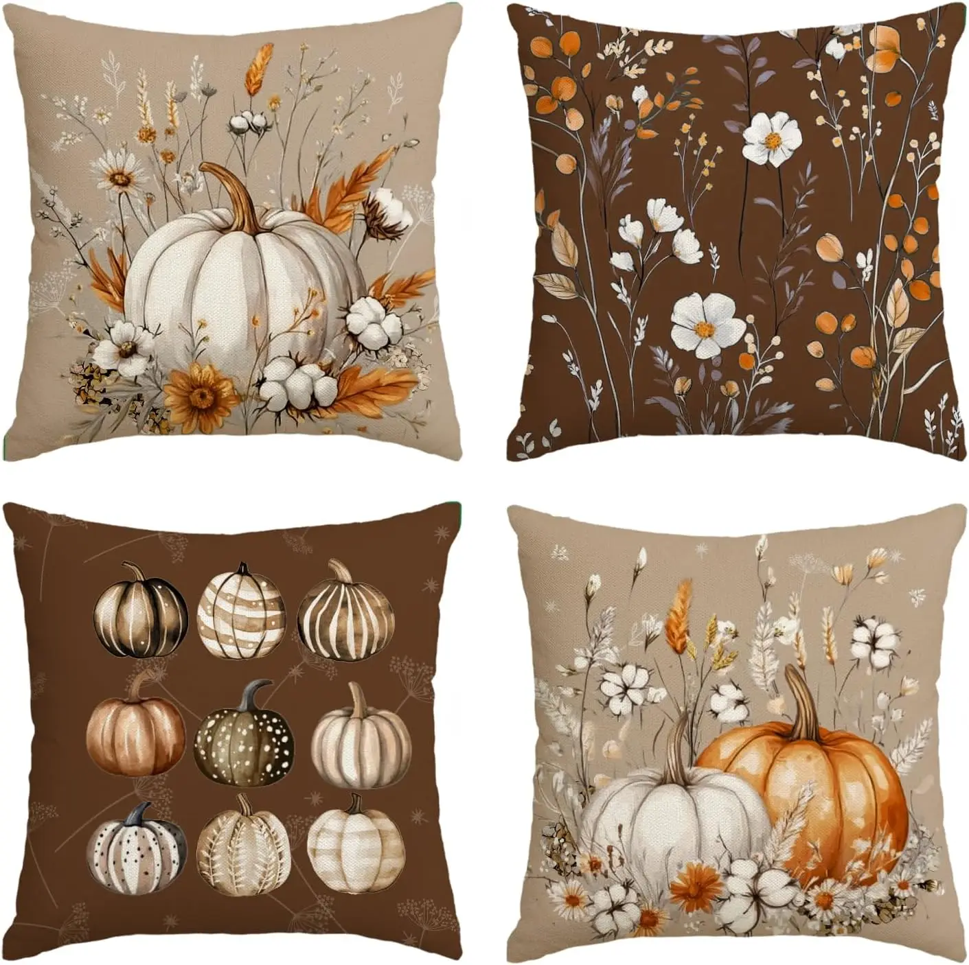 Fall Pumpkin Flower Brown Pillow Covers,  Seasonal Cotton Thanksgiving Harvest Cushion Case Decoration for Sofa Couch Set of 4