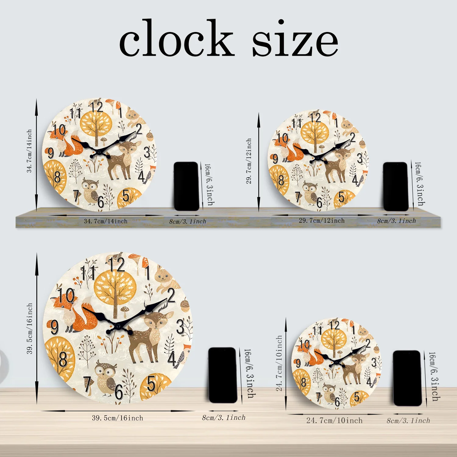 Cute Cartoon Forest Fox Deer Oil Painting Wooden Wall Clock Living Room Bedroom Kitchen Home Decoration Silent Quartz Clock Holiday Gift 10 Inches
