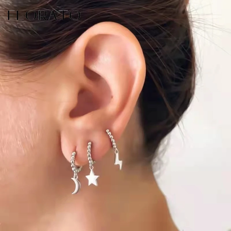 925 Sterling Silver Ear Needle cross/rivet/star/lightning Perforation Pendant Hoop Earrings For Women Simple Vintage Jewelry