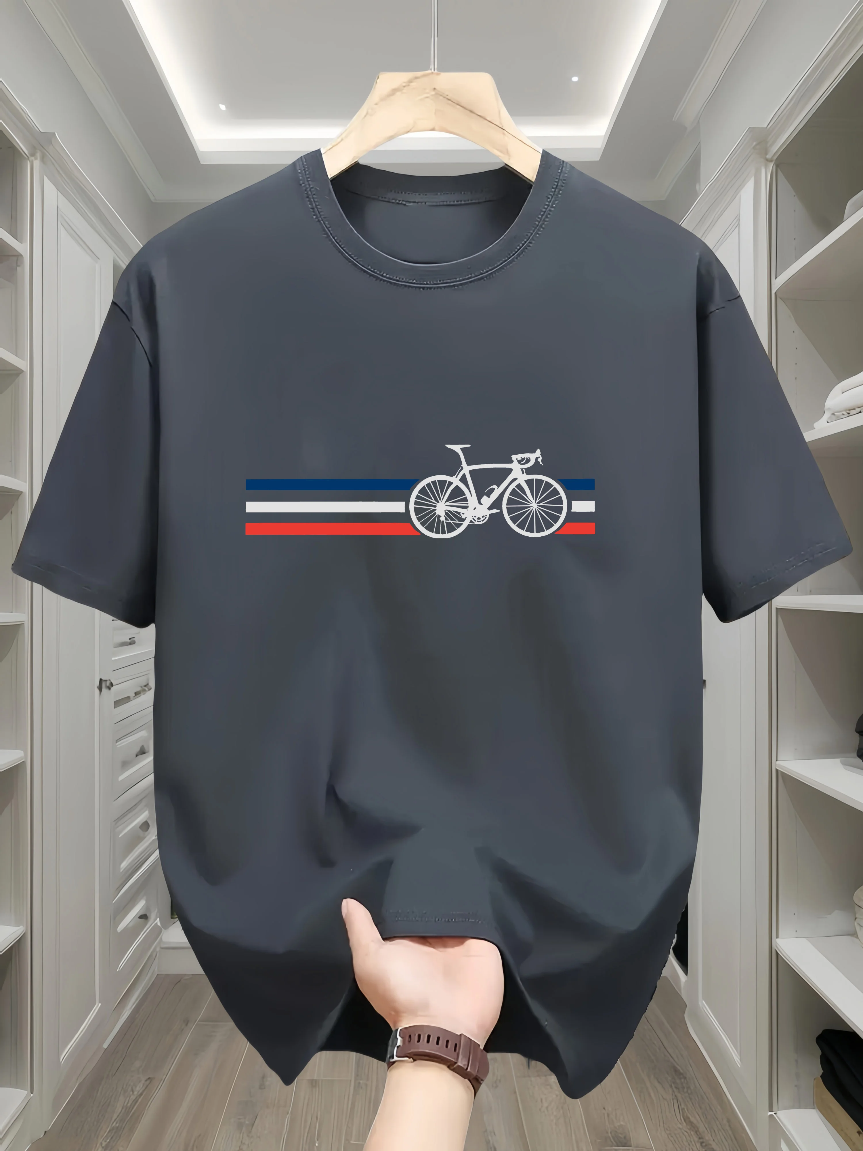 Summer Men's 100% Cotton Casual Loose T-Shirt Bicycle Pattern Color Block Striped Print round Neck Short Sleeve Top