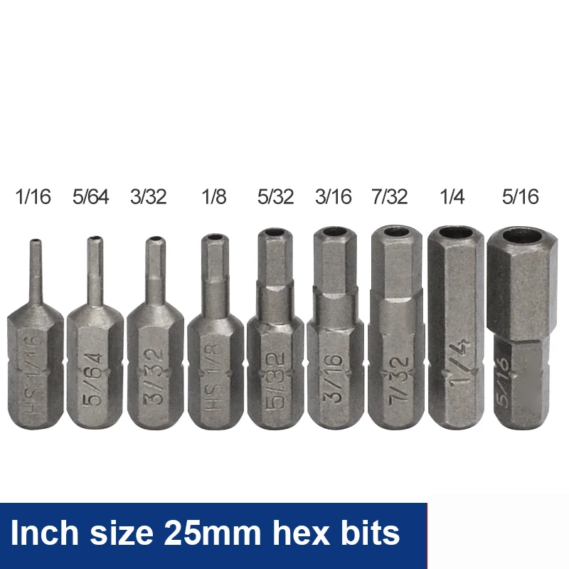 

10pcs/lot Inch size 25MM 1/4" Hex Shank Hex Screwdriver Bit with inner hole 1/16 5/64 3/32 1/8 5/32 3/16 7/32 1/4 5/16 Tools Kit