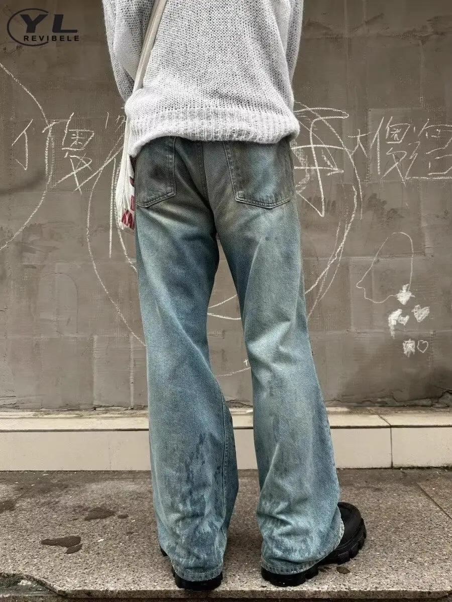 Mud Dyed Hole Washed Jeans Men Harajuku High Street Baggy Wide Leg Straight Denim Pants Spring Gothic Distressed Jean Trousers