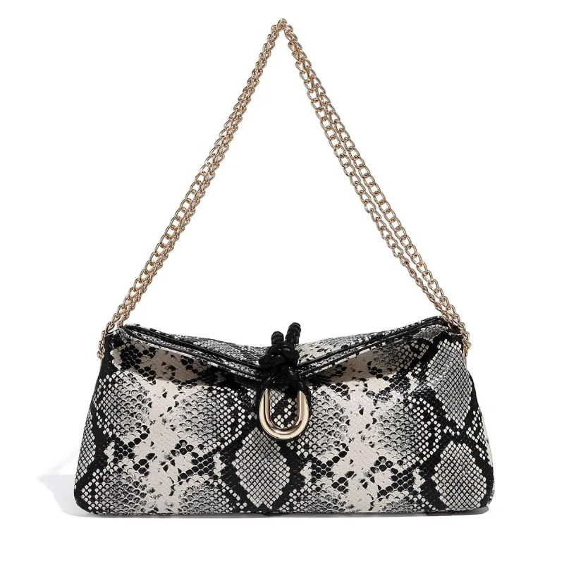

Fashionable Snake Pattern PU Leather Chain Shoulder Bag Women's Vintage Soft Leather Gold Chain Underarm Bag Female Casual Tote