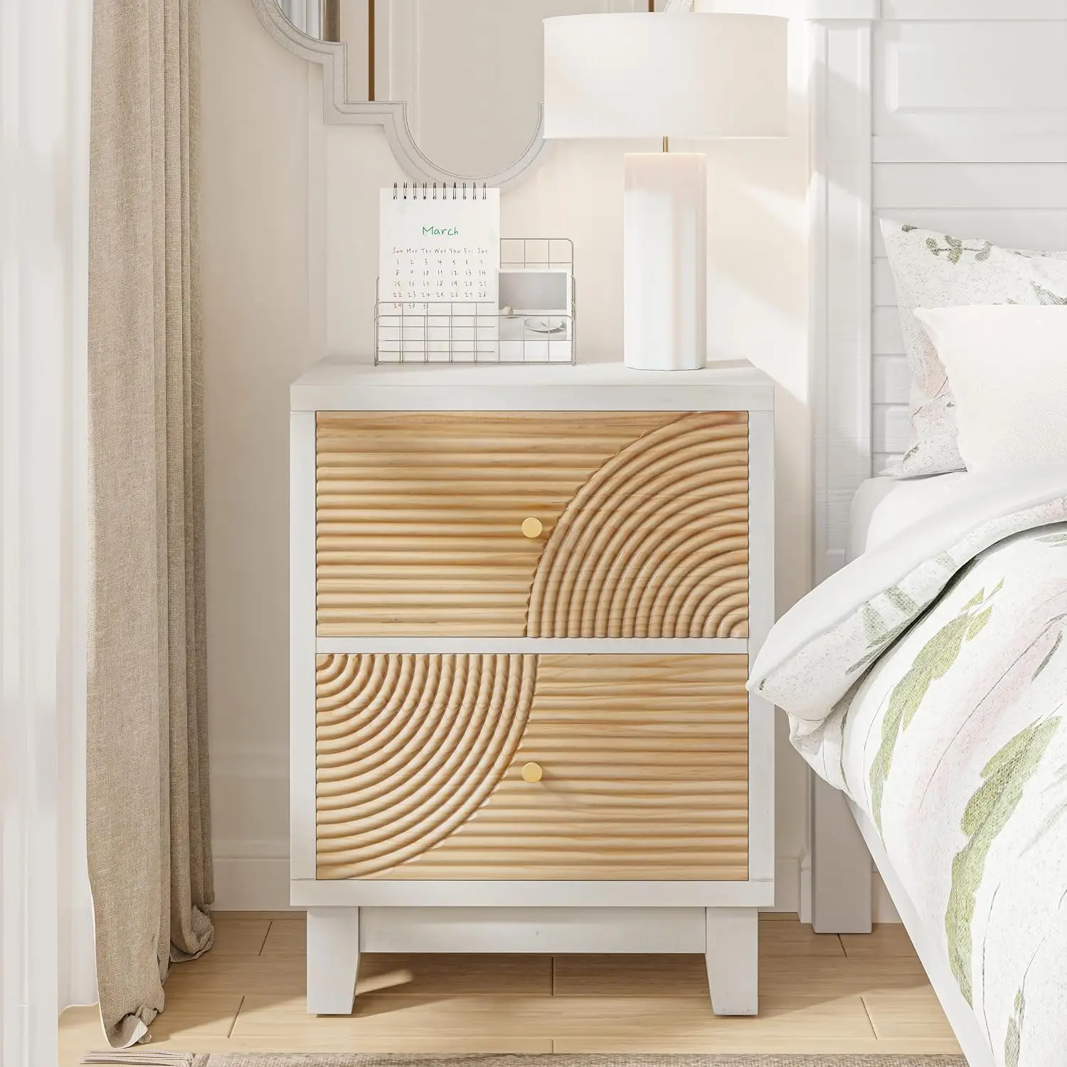 Farmhouse 2-Drawer Nightstand, Ring Pattern, White | Solid Wood & MDF, 18.5x13.75x24.25 in, 50 lb Capacity, Customized