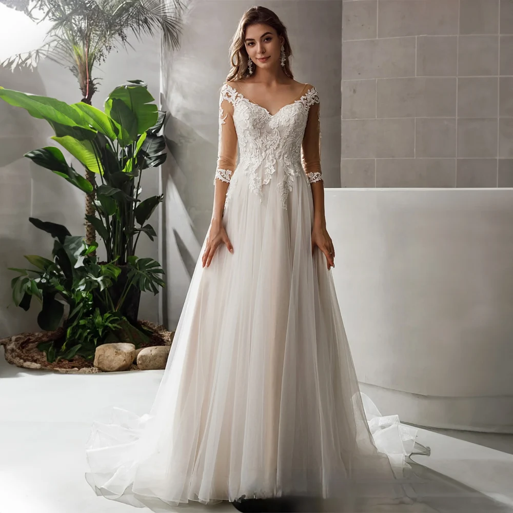 

Elegant V-neck Appliques Lace Tulle Wedding Dress for Women A-line Court Half Illusion Sleeve Wedding Bridal Gown robe de mariée