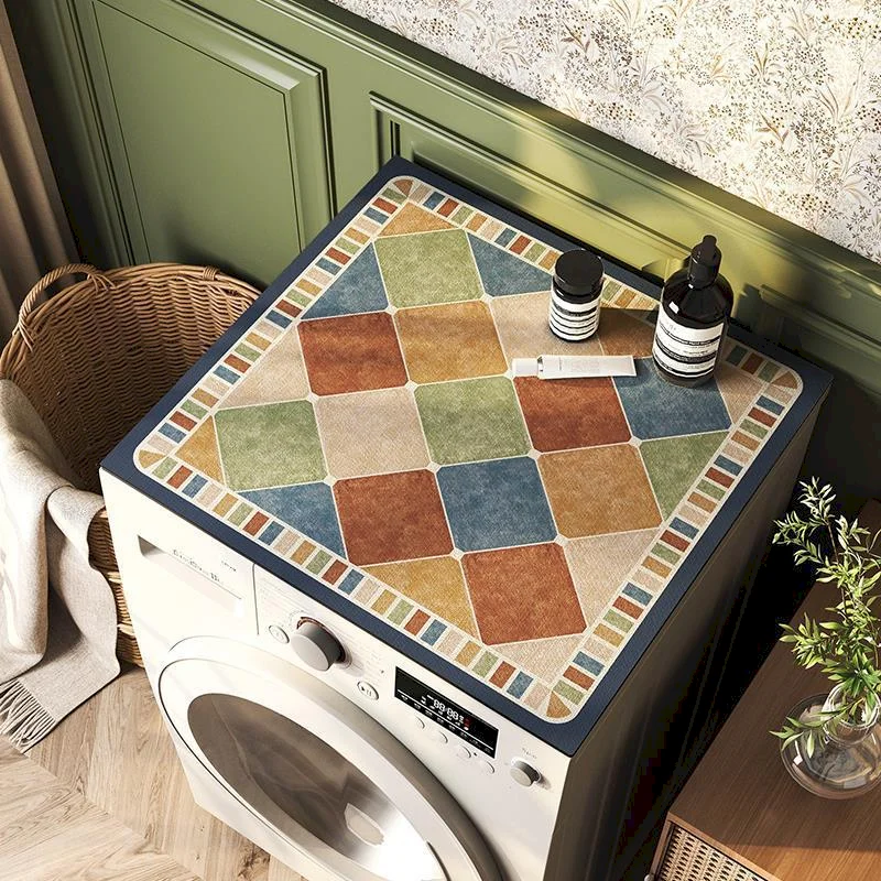 VIKAMA Colorful Diamond Tile Mat, Boho Patchwork Washing Machine Laundry Room Cover,Bohemian Home Decoration