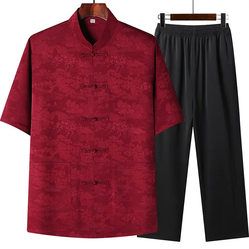 

Men's Fashion Two-piece set short sleeve Cotton linen stripe Sportswear Chinese style Shirts + Pants summer spring Male Casual