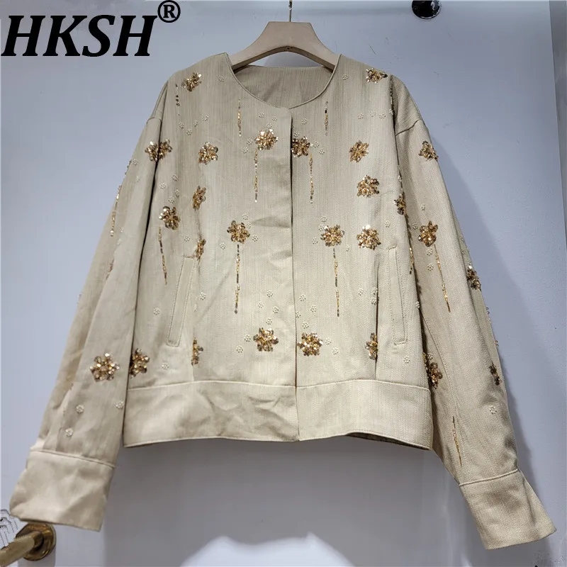 HKSH Women Coat Tide Ins O-Neck Loose Casual Heavy Embroidered Flares Sequins Design High-End Elegant Stylish Jacket New HK27122