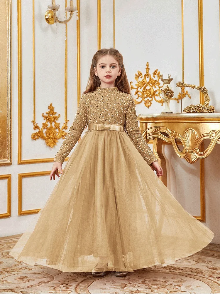 Wedding Flower Girl Shiny Floor-length Evening Dress Girl Banquet Stage Birthday Party Luxury Evening Dress Prom Gown