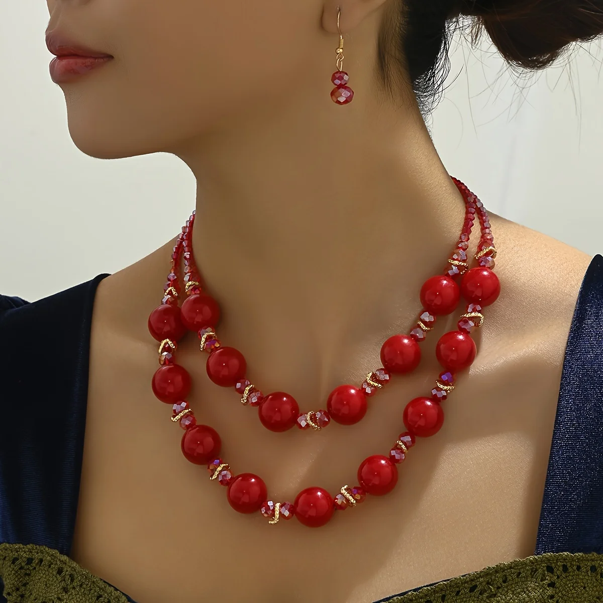 1 necklace +1 pair of earrings, imitation pearl material, Bohemian style, fashion, party date to send girlfriend wife birthday g
