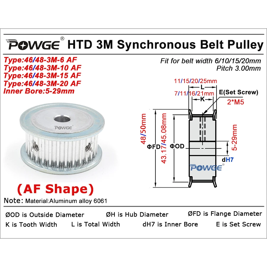 POWGE 46 48 teeth HTD 3M Timing Pulley Bore 6/6.35/8/10/12/14/15/16/17/18/19/20/22/25/29 for HTD3M belt width 10/15/20mm 46T 48T
