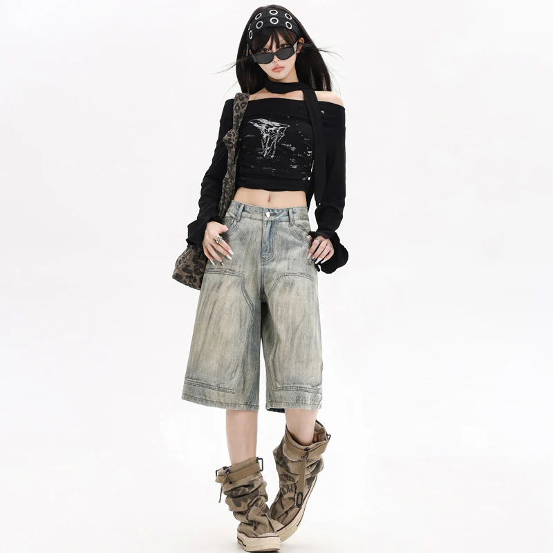 Shorts Y2K de Mezclilla, Retro, de Pierna Ancha, Desgastados, Holgados, Otoñales, Diseño Urbano para Mujer