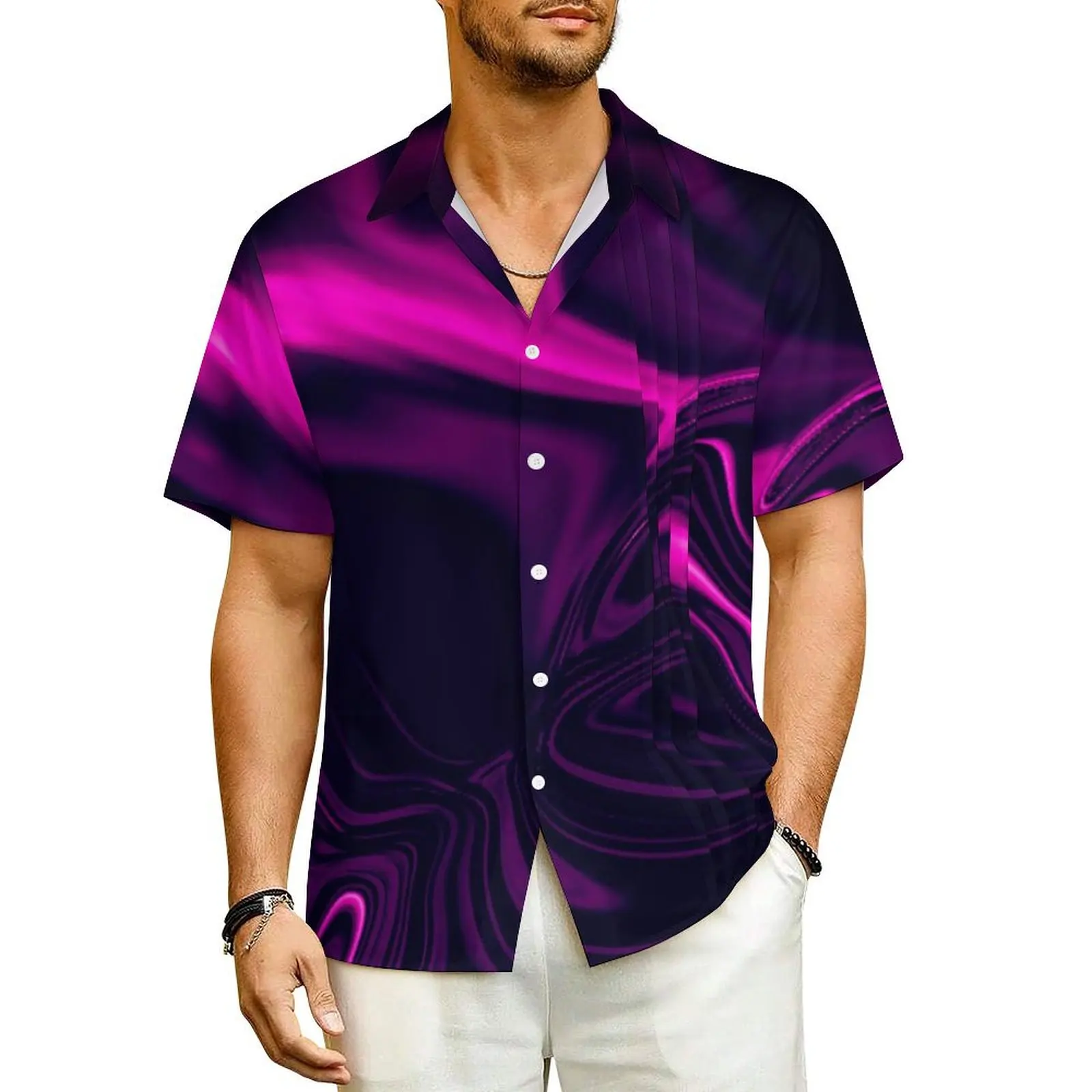 

Hawaiian Shirt Beach Abstract Marble Blouses Dark Pink Print Vintage Casual Shirts Men Short-Sleeve Street Style Oversized Tops