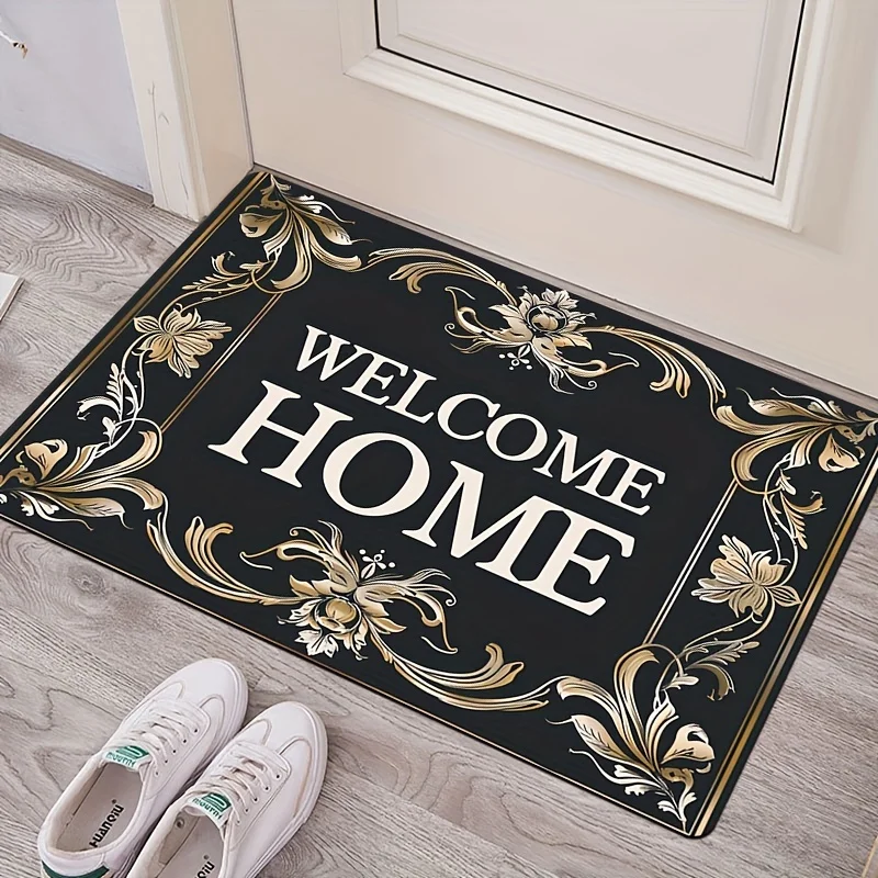 VIKAMA Welcome Home Floral Doormat Vintage Black Gold Frame Non Slip Entrance Mat For Indoor Front Door Home Decor Welcome Rug