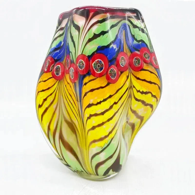 Hand Blown Murano Art Glass Vase Vintage Striped Glass Decorative Vase for Home Decoration