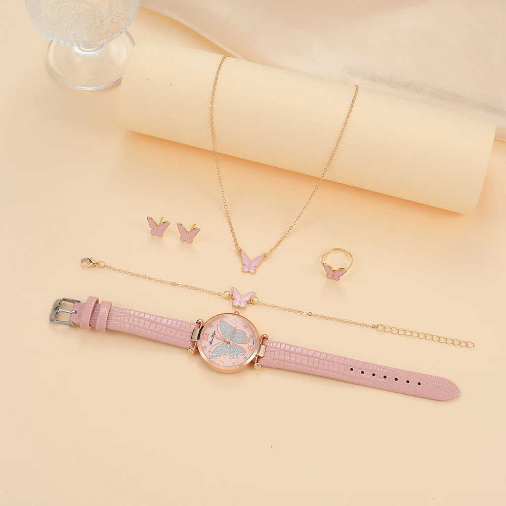 1 قطعة من نمط الفراشة الوردية المتلألئة بمزاج عصري للنساء مقترن 5 قطع من المجوهرات ساعة كوارتز للنساء