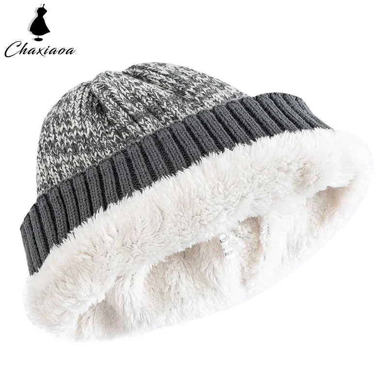 Ear Beanie with Fleece Unisex Two-tone Winter Hats Add Fur Lined Men And Women Warm Beanie Cap Casual Winter Knitted Hats