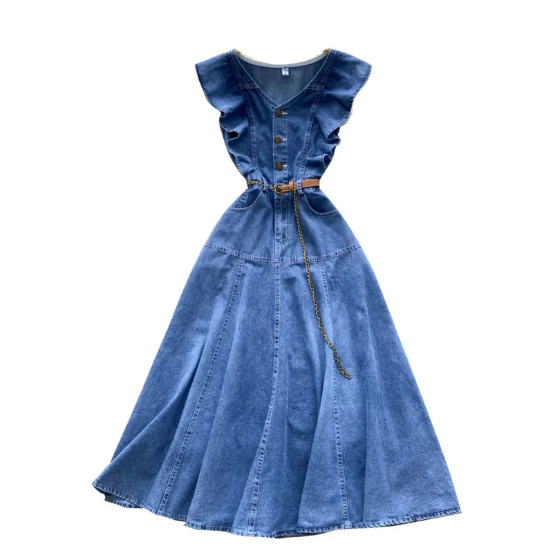 WTHT New Trendy Women\'s V-neck Ruffled Edge Sleeveless Denim Dress 2024 Autumn Chain Belt Single Breasted Dresses Female 1LS126