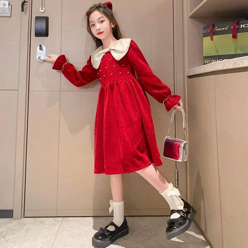 Red Peter Pan Collar Princess Dress Girls Spring Autumn Party Gown Kids Clothing