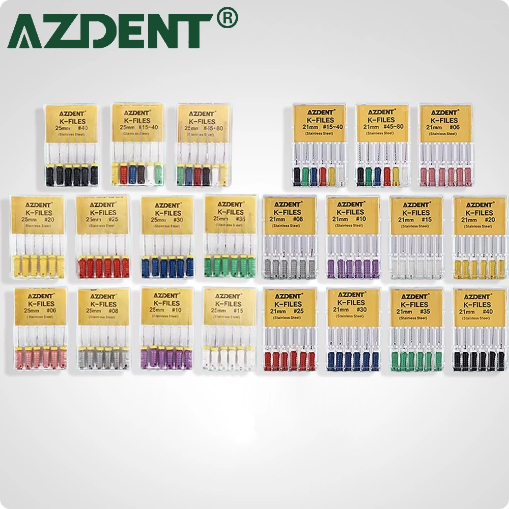 AZDENT-limas K de acero inoxidable para uso manual, herramientas dentales de laboratorio, Canal de raíz endodóntica, 21mm, 25mm, 31mm, 6 unids/lote por paquete