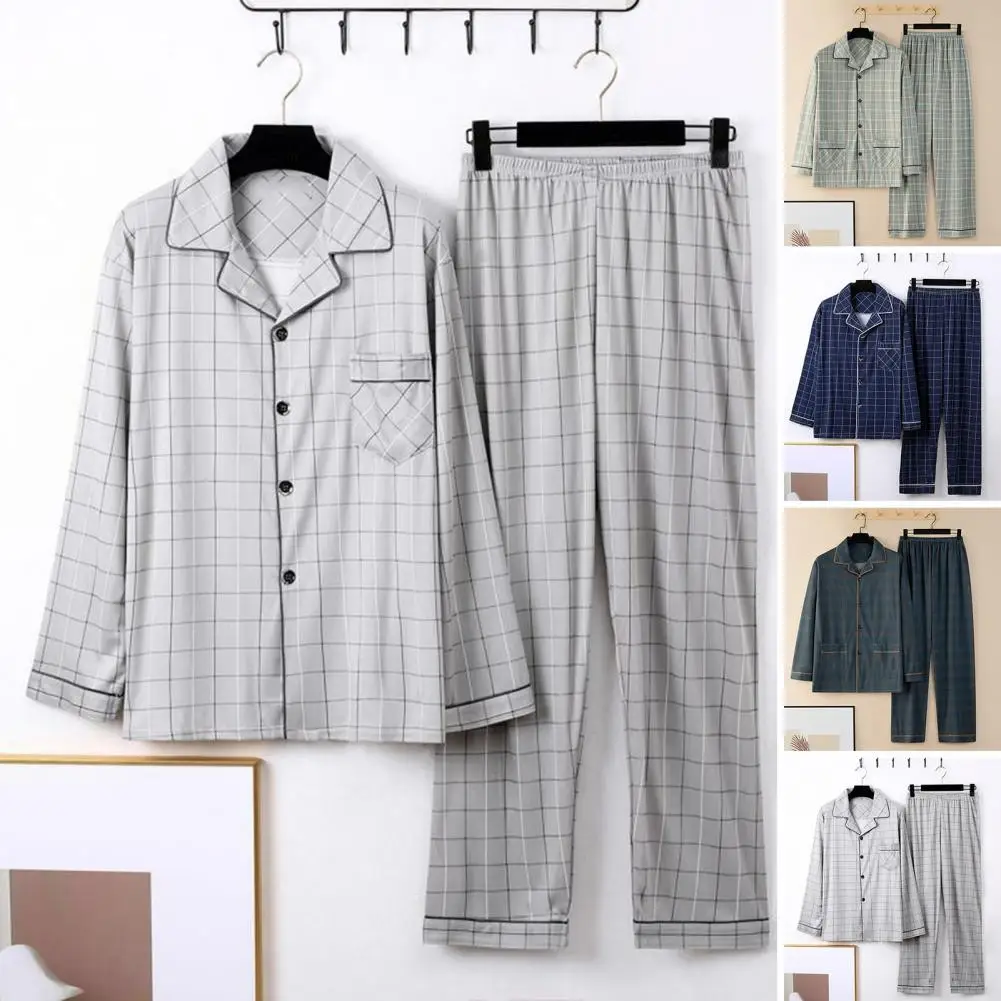 2Pcs Men Pajamas Set Lapel Single Breasted Shirt Elastic Waist Long Pants Set Plaid Print Loose Fit Loungewear Suit for Sleeping